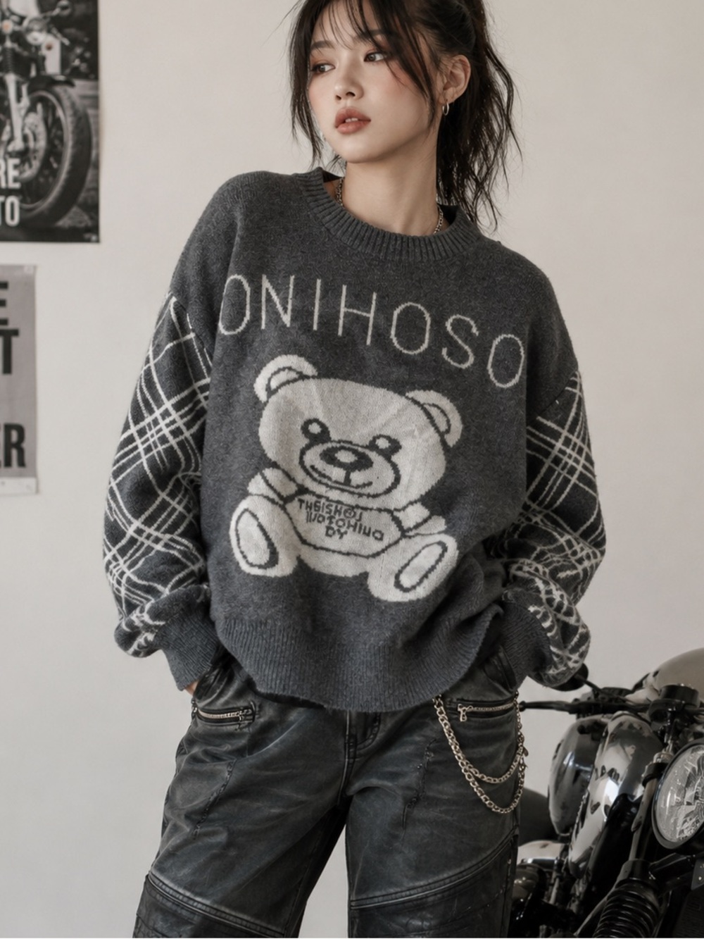 Gray Teddy Graphic Crewneck Sweater